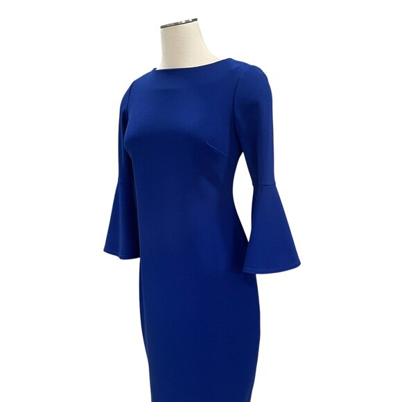 Calvin Klein Blue Bell Sleeve Sheath Dress Size 6 Stretch Midi Work Party - Picture 7 of 11
